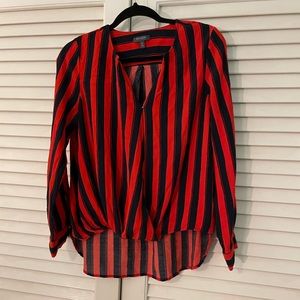 Red/Orange and Navy Striped Faux Wrap Work Shirt M
